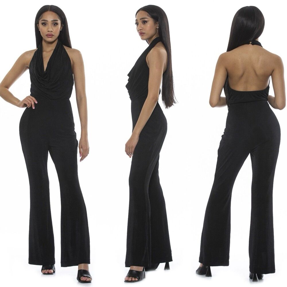 Alexia Admor‎ Womens Jumpsuit S Black Halter Backless Stretch Goth Flirty Sexy
